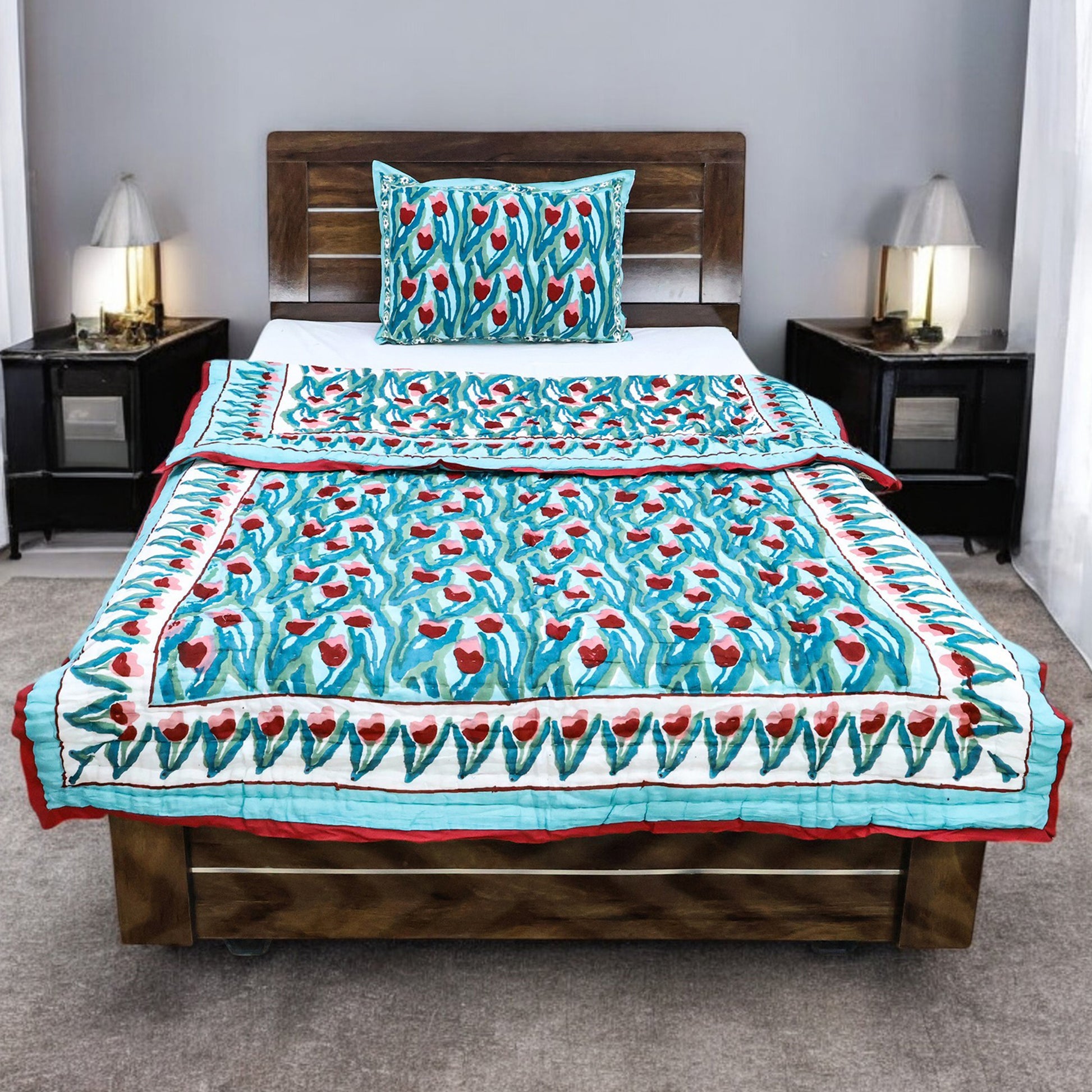 Green and Red Hand Block Printed Cotton Quilts - My Store