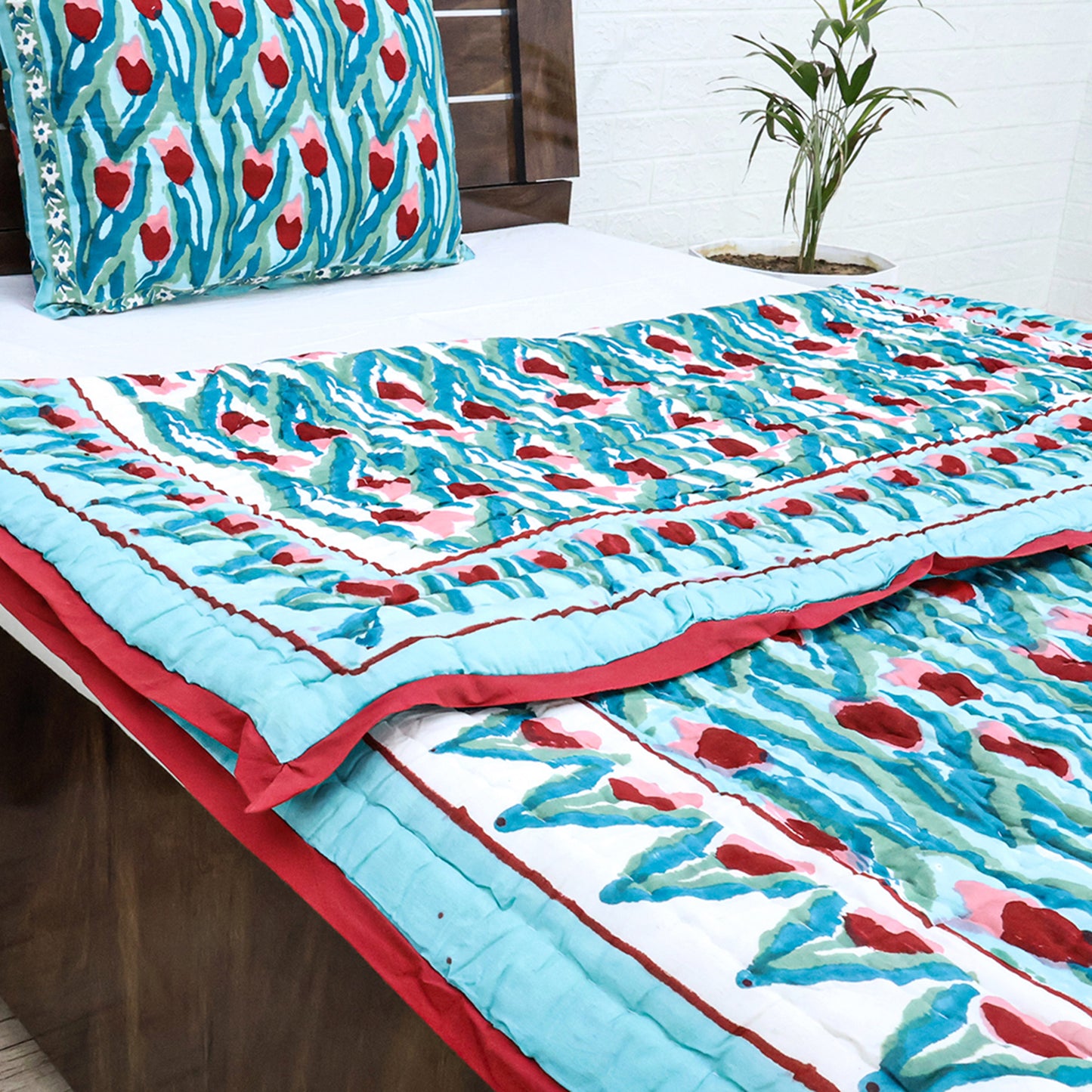 Green and Red Hand Block Printed Cotton Quilts - My Store