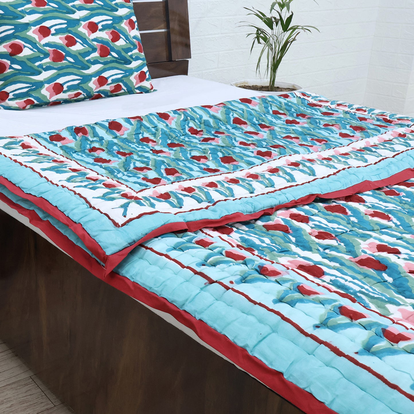 Green and Red Hand Block Printed Cotton Quilts - My Store