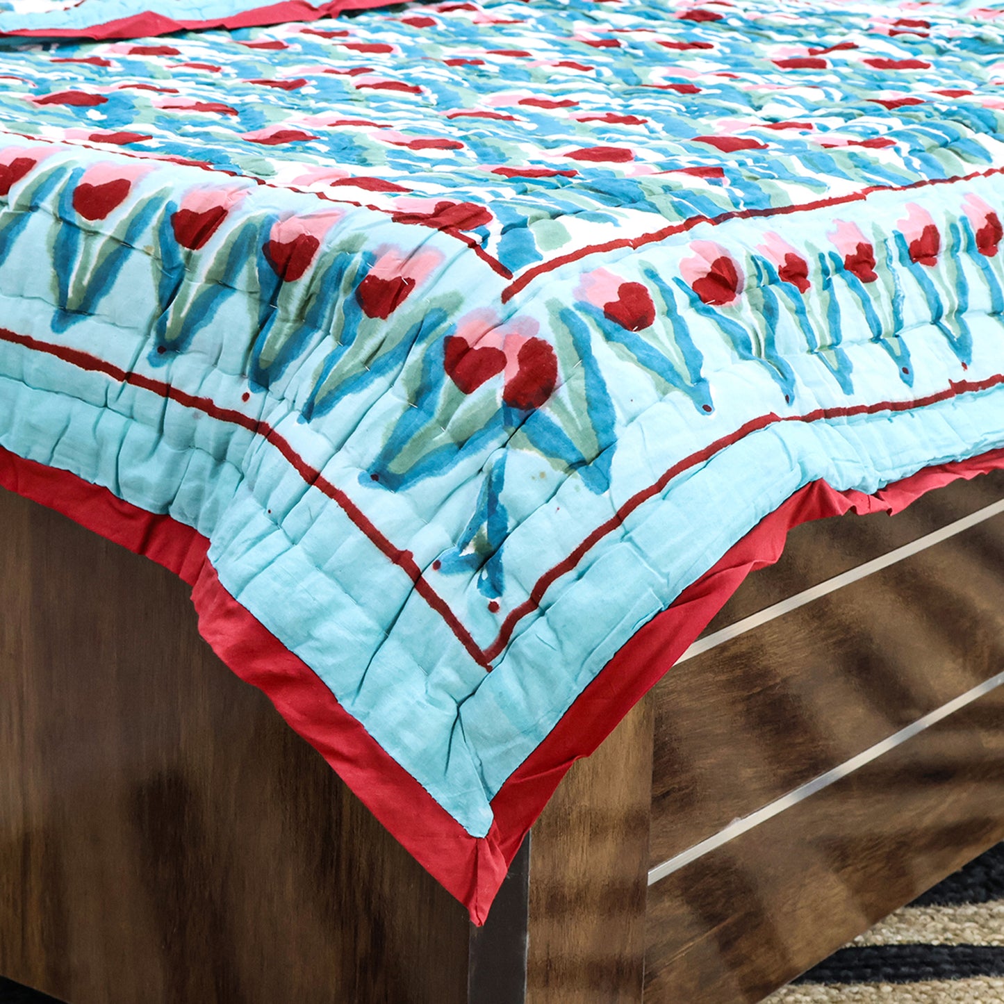 Green and Red Hand Block Printed Cotton Quilts - My Store