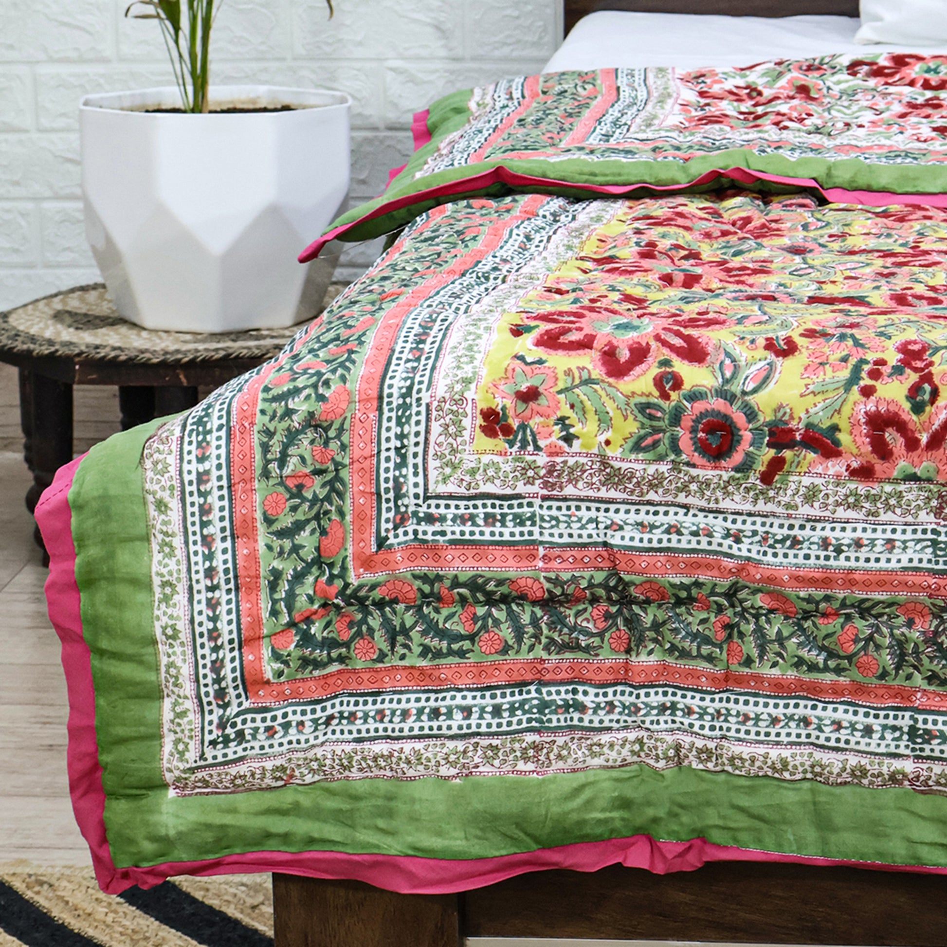 Green And Red Handmade Cotton Reversible Quilts - My Store