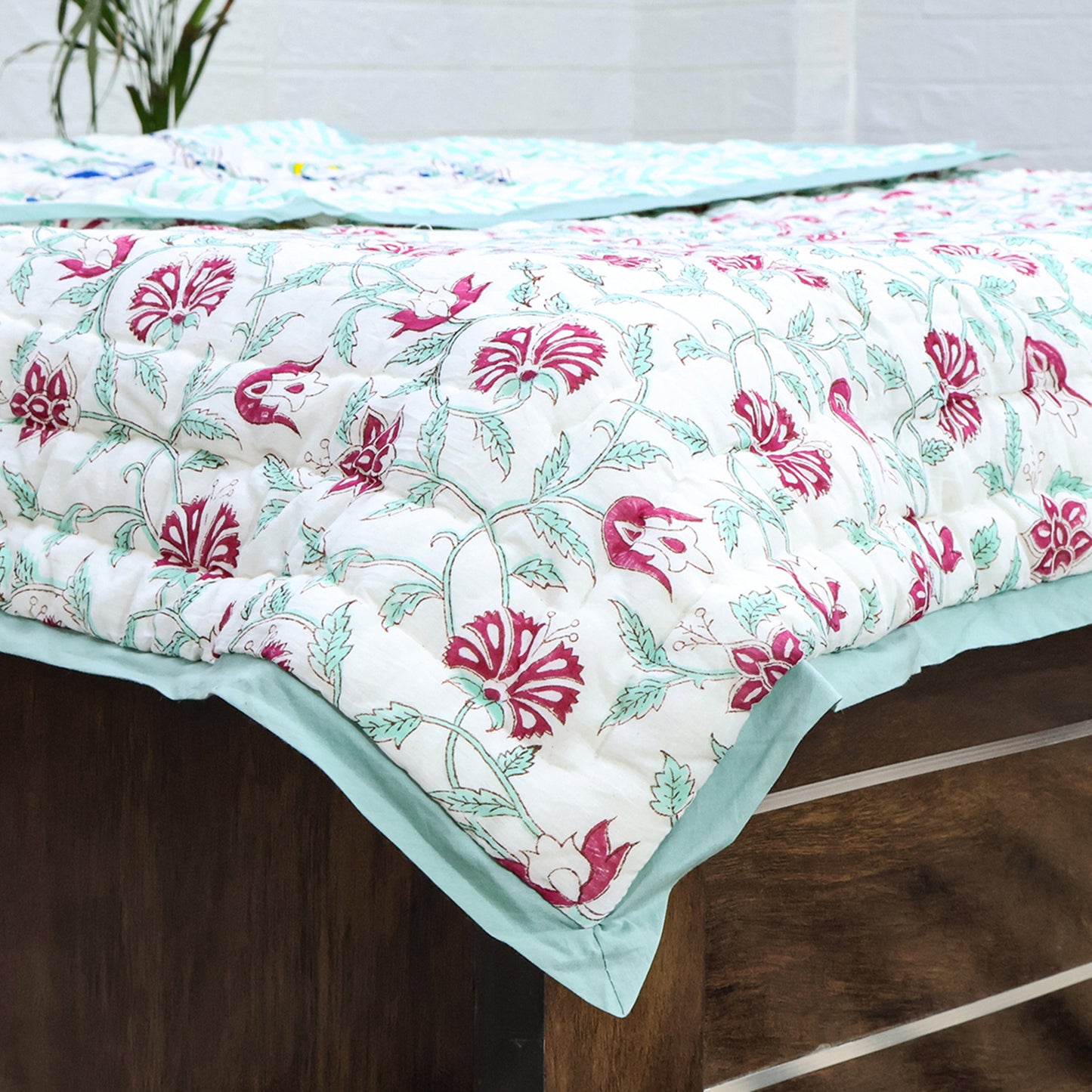 Green and Pink Handmade Block Printed Cotton Quilts - My Store