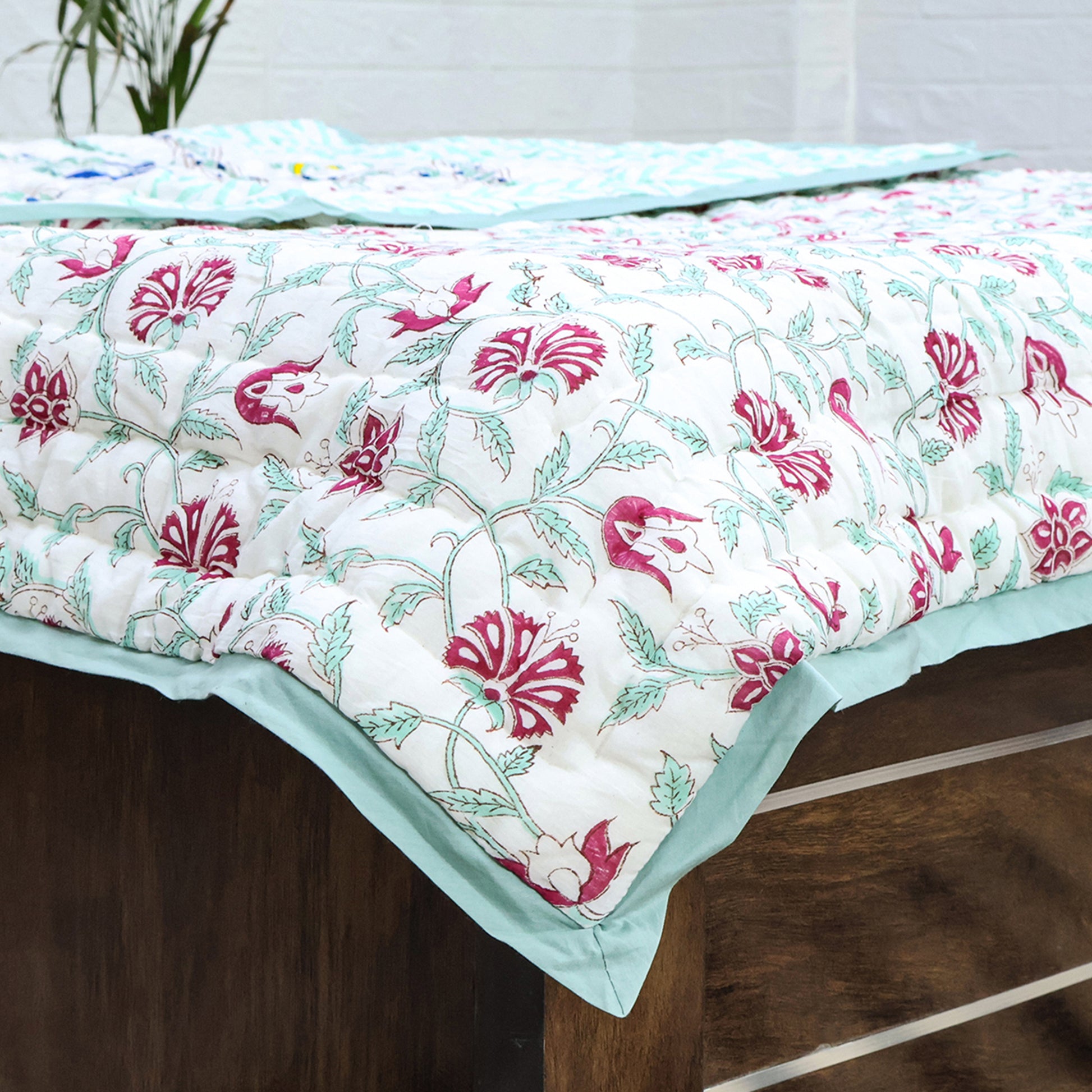 Green and Pink Handmade Block Printed Cotton Quilts - My Store