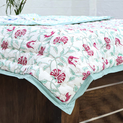 Green and Pink Handmade Block Printed Cotton Quilts - My Store
