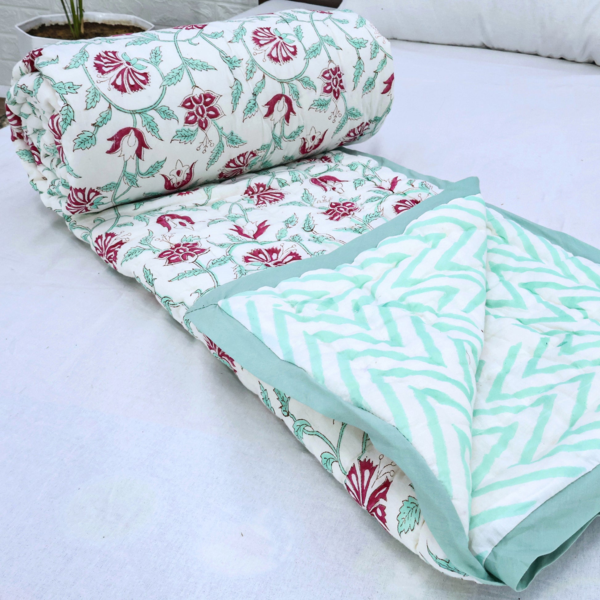 Green and Pink Handmade Block Printed Cotton Quilts - My Store