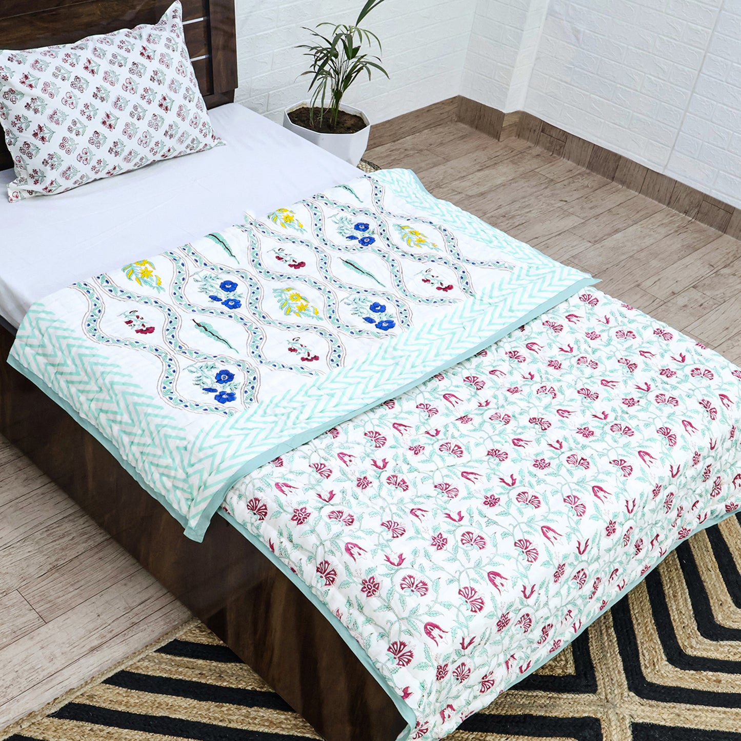 Green and Pink Handmade Block Printed Cotton Quilts - My Store