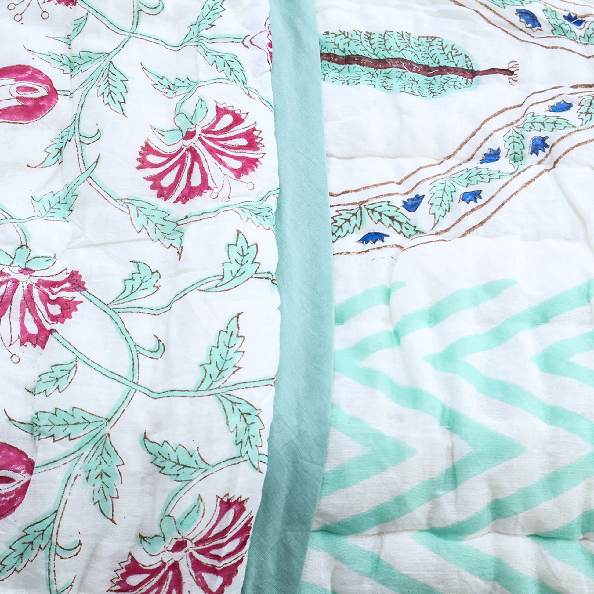 Green and Pink Handmade Block Printed Cotton Quilts - My Store