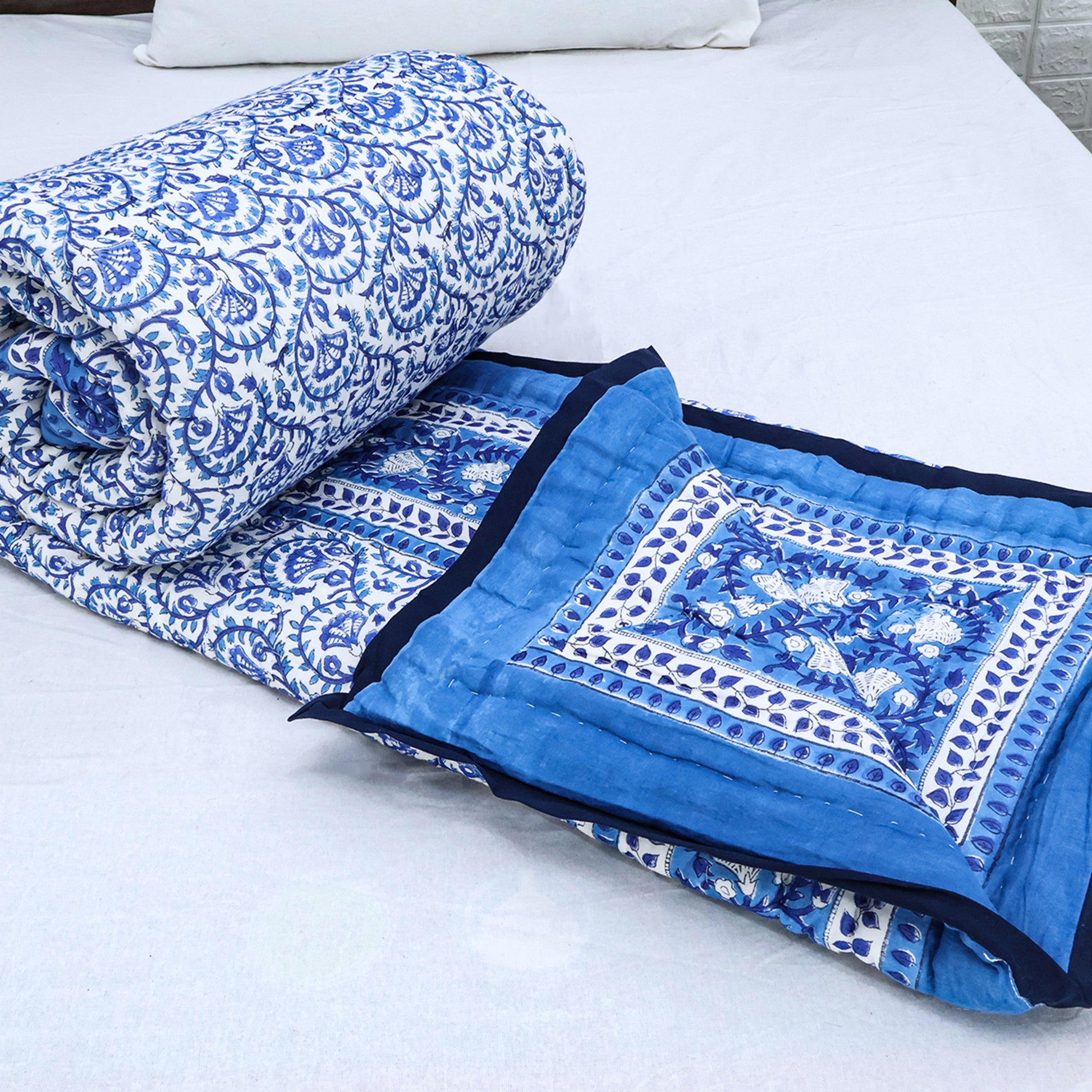 Blue Handmade Cotton Reversible Quilts - My Store