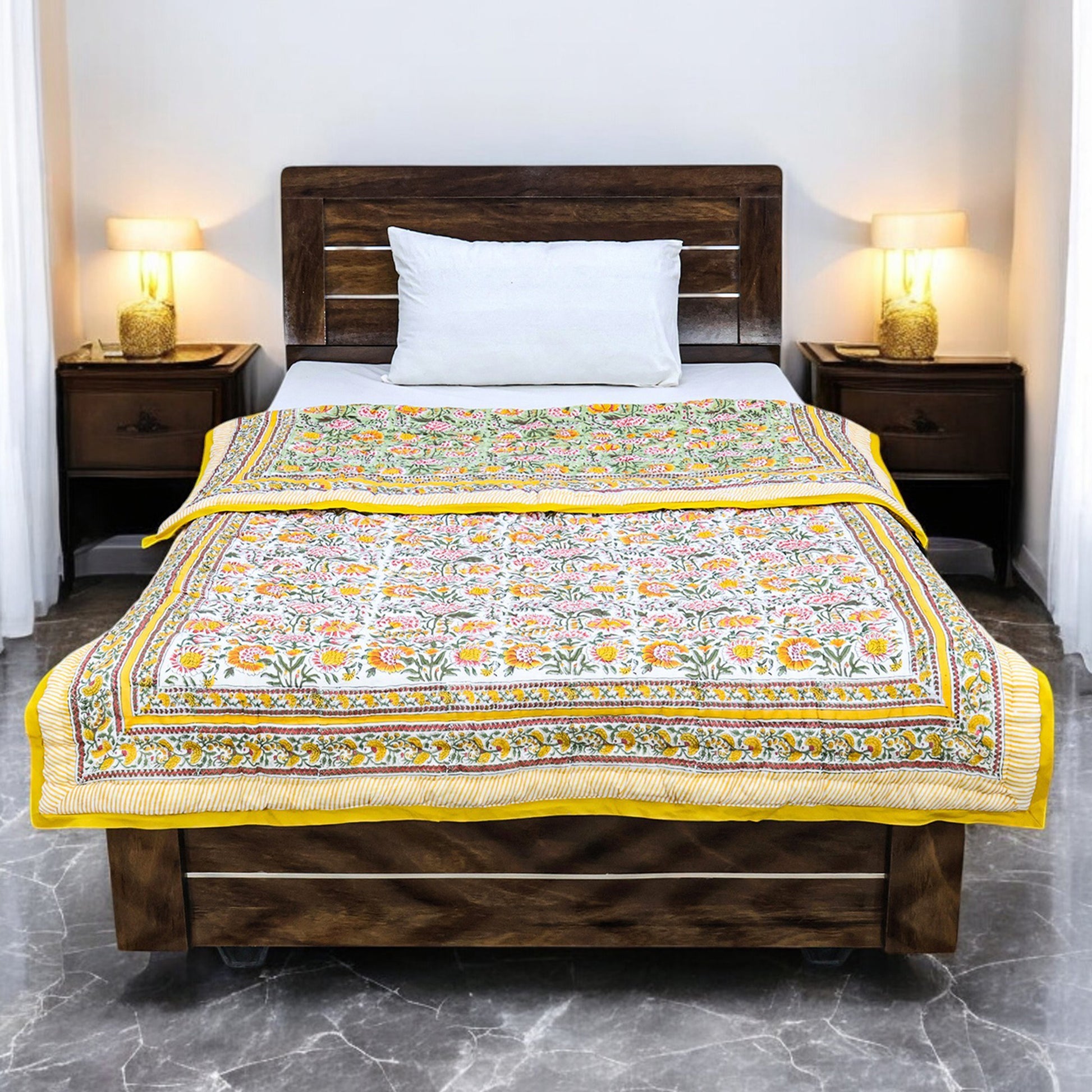 Yellow and Green Hand Block Printed Cotton Quilts - My Store