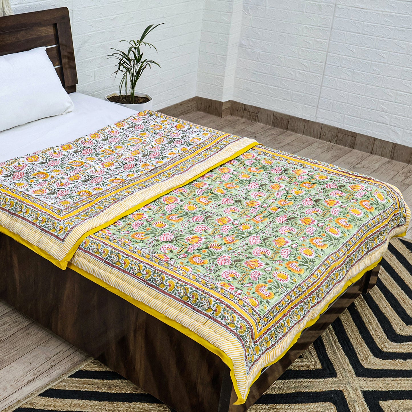 Yellow and Green Hand Block Printed Cotton Quilts - My Store