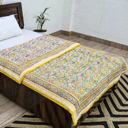 Yellow and Green Hand Block Printed Cotton Quilts - My Store