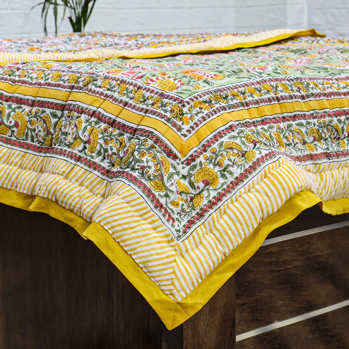 Yellow and Green Hand Block Printed Cotton Quilts - My Store