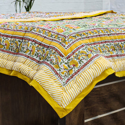 Yellow and Green Hand Block Printed Cotton Quilts - My Store