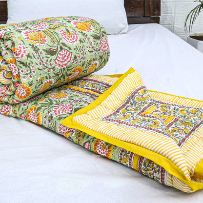 Yellow and Green Hand Block Printed Cotton Quilts - My Store