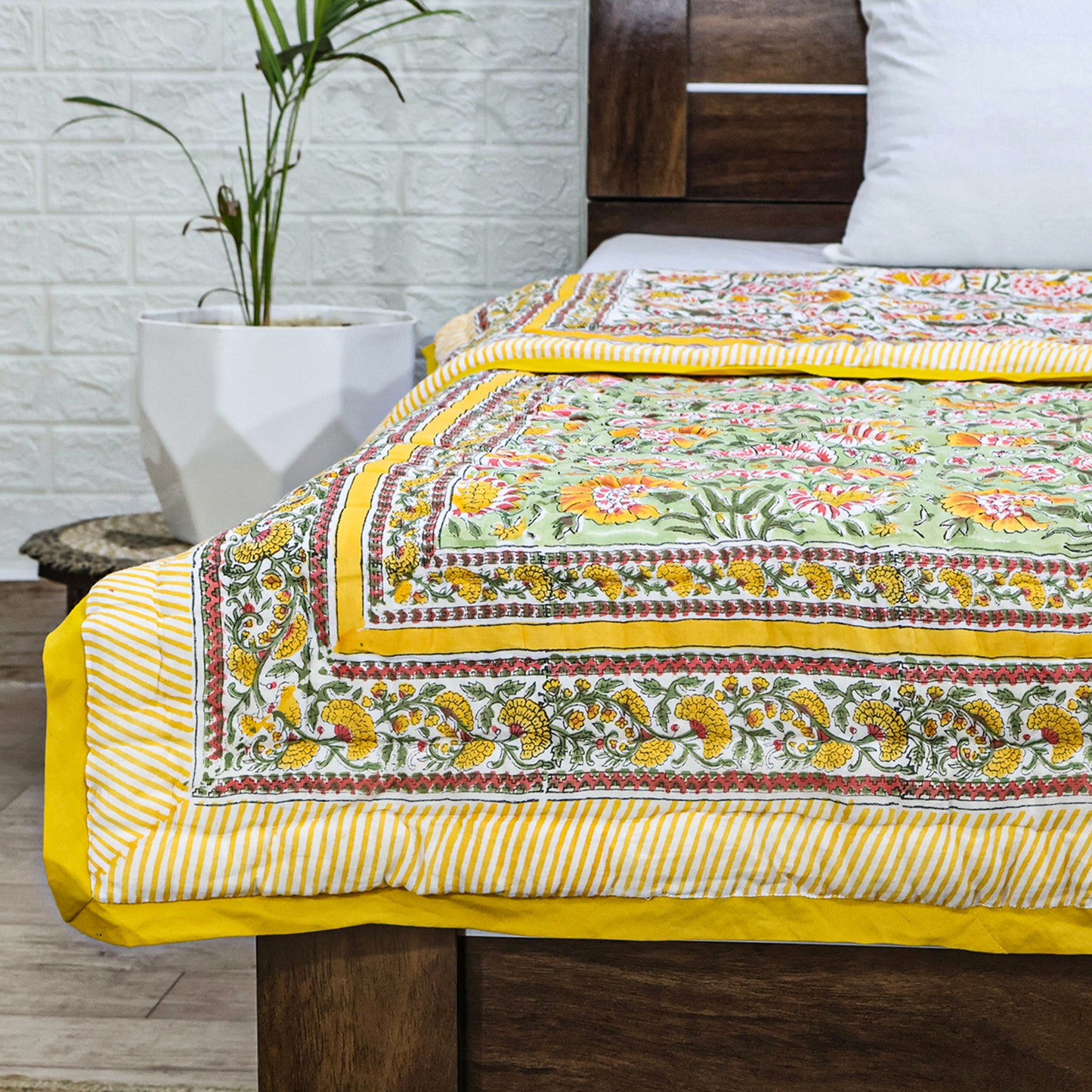 Yellow and Green Hand Block Printed Cotton Quilts - My Store