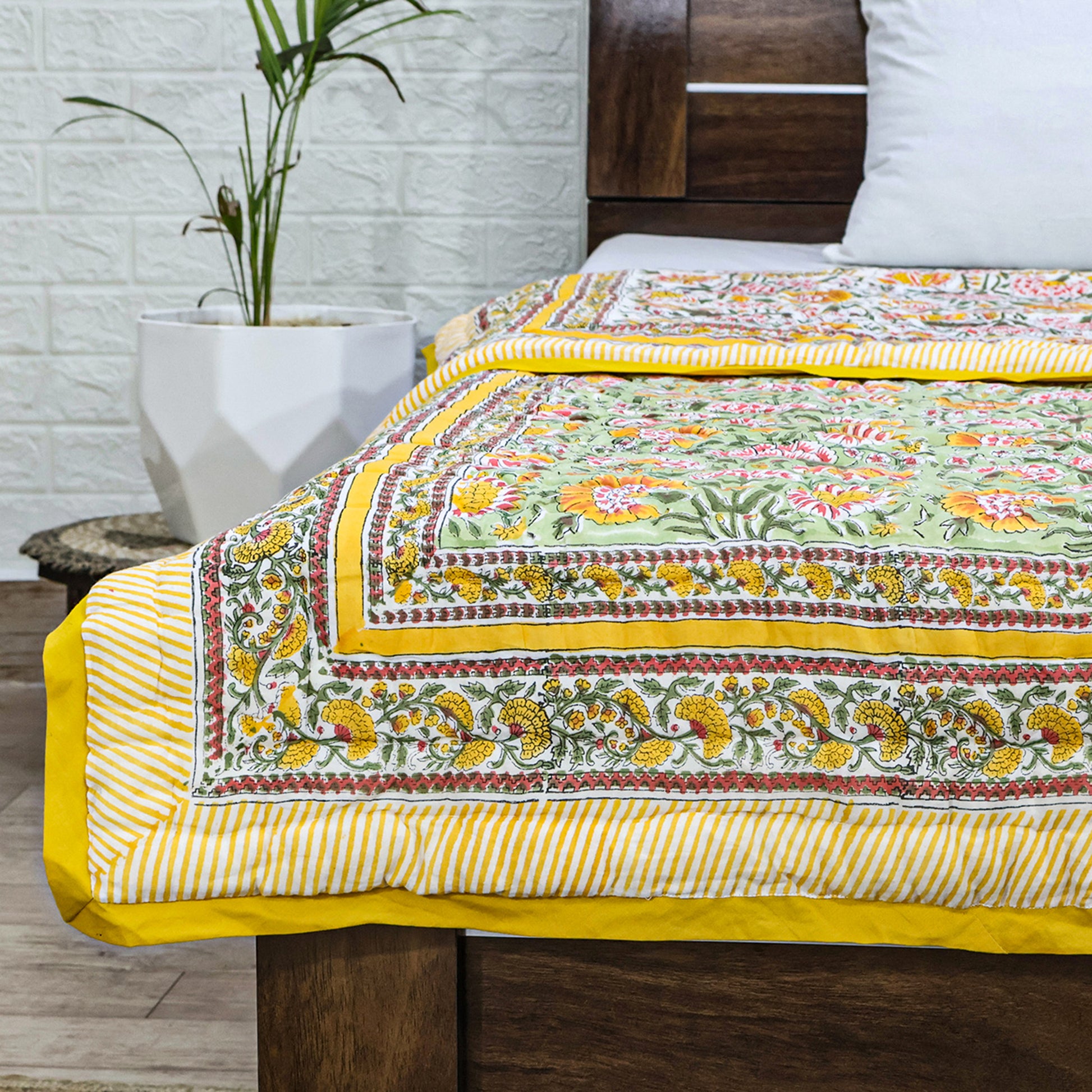 Yellow and Green Hand Block Printed Cotton Quilts - My Store