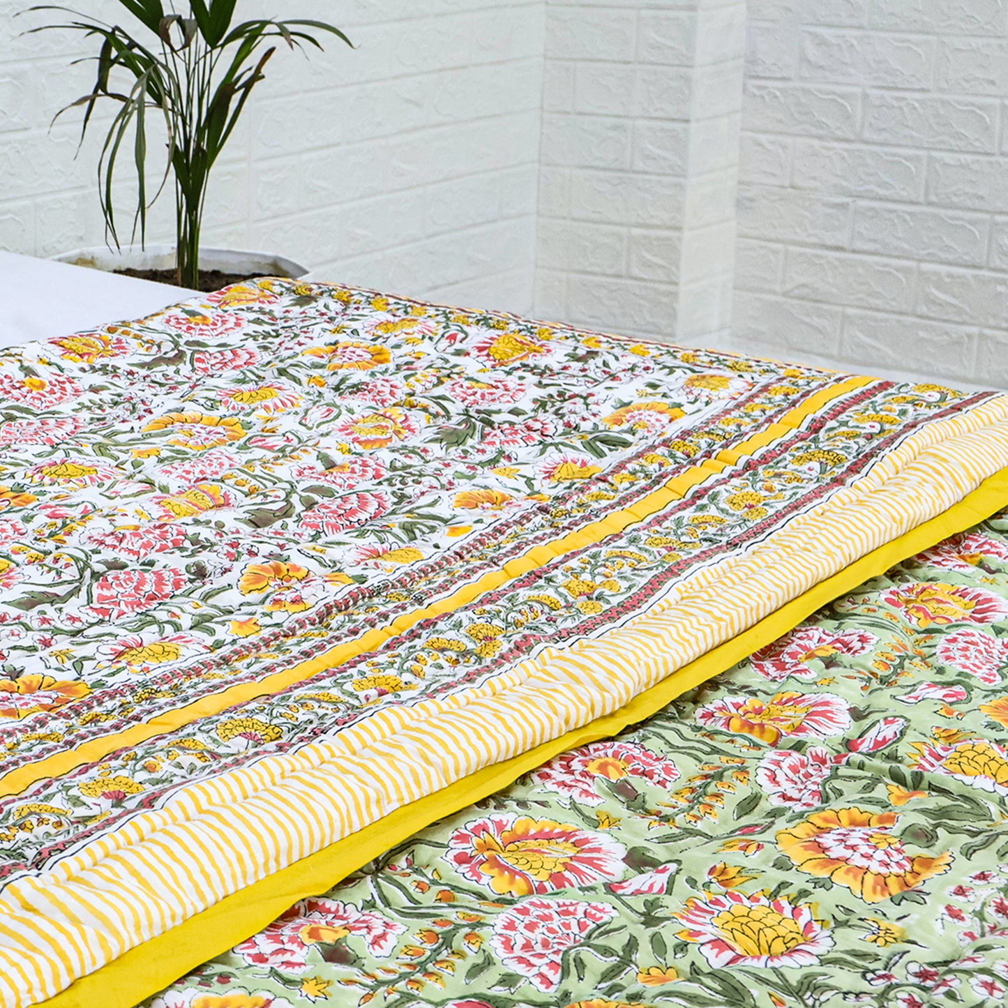 Yellow and Green Hand Block Printed Cotton Quilts - My Store