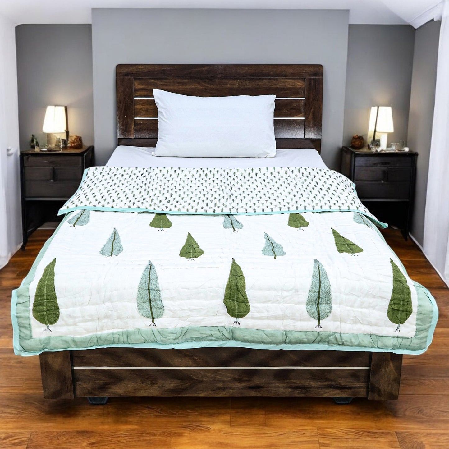 Green and White Hand Block Printed Cotton Quilts - My Store