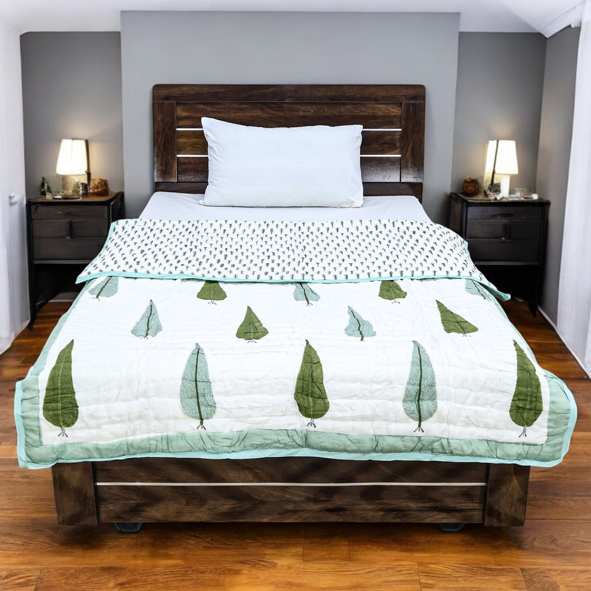 Green and White Hand Block Printed Cotton Quilts - My Store