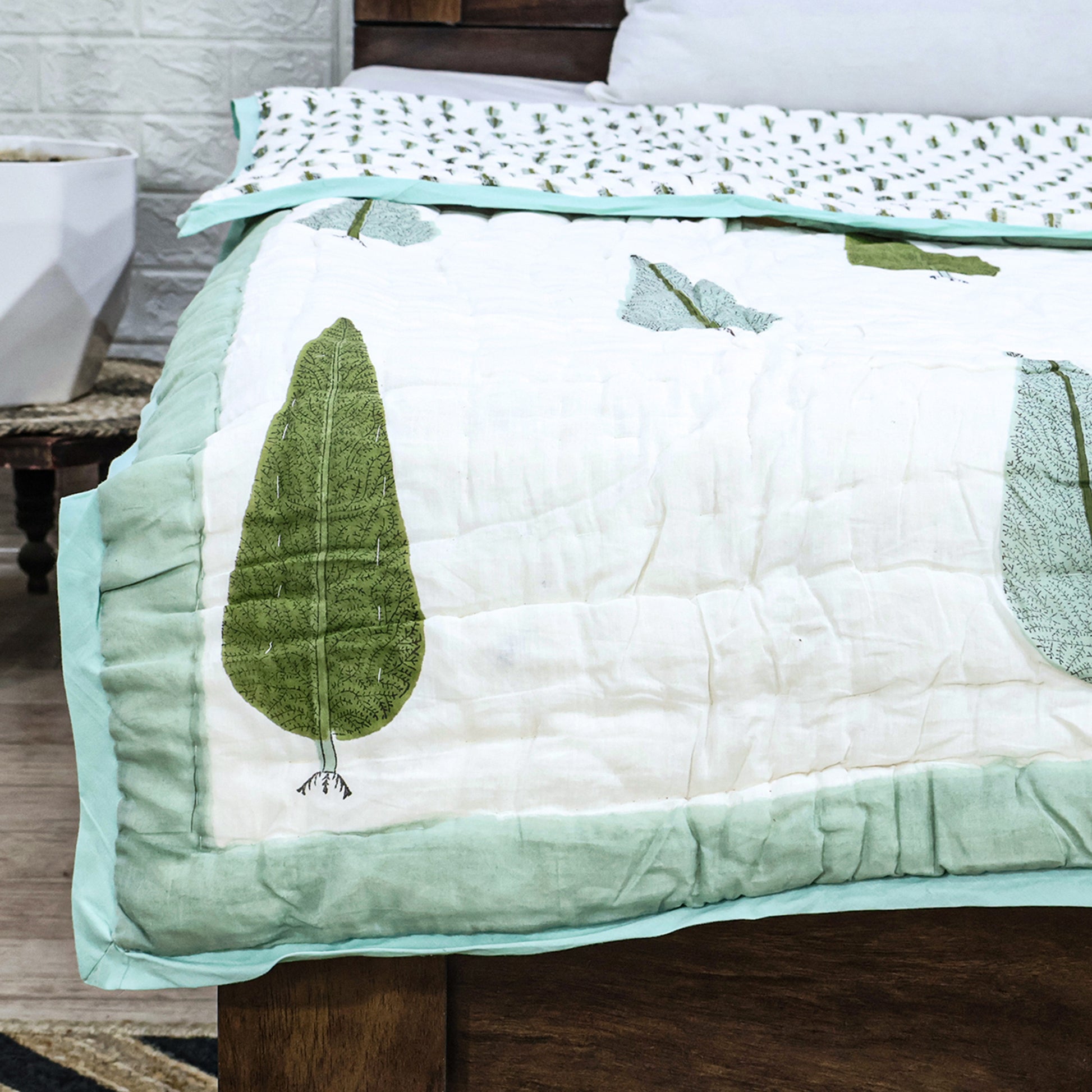 Green and White Hand Block Printed Cotton Quilts - My Store