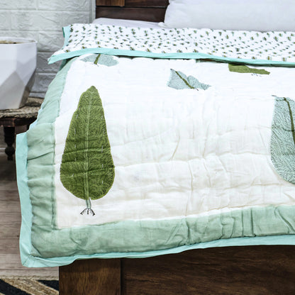 Green and White Hand Block Printed Cotton Quilts - My Store