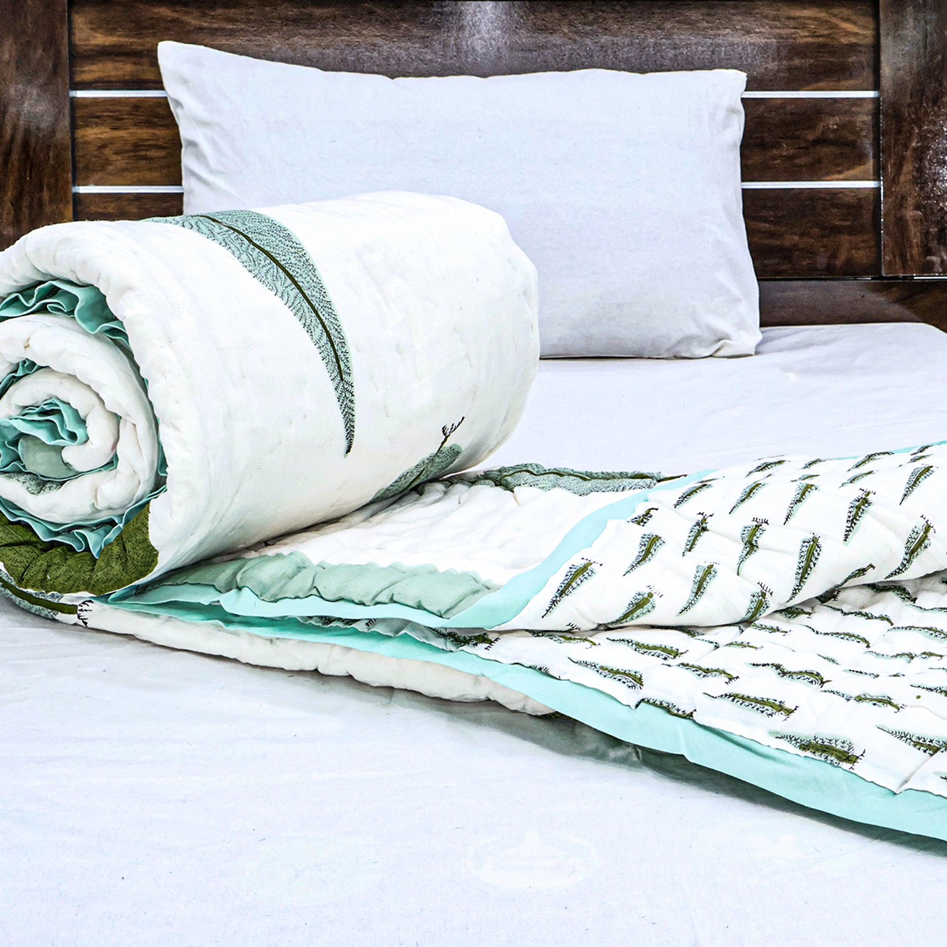 Green and White Hand Block Printed Cotton Quilts - My Store