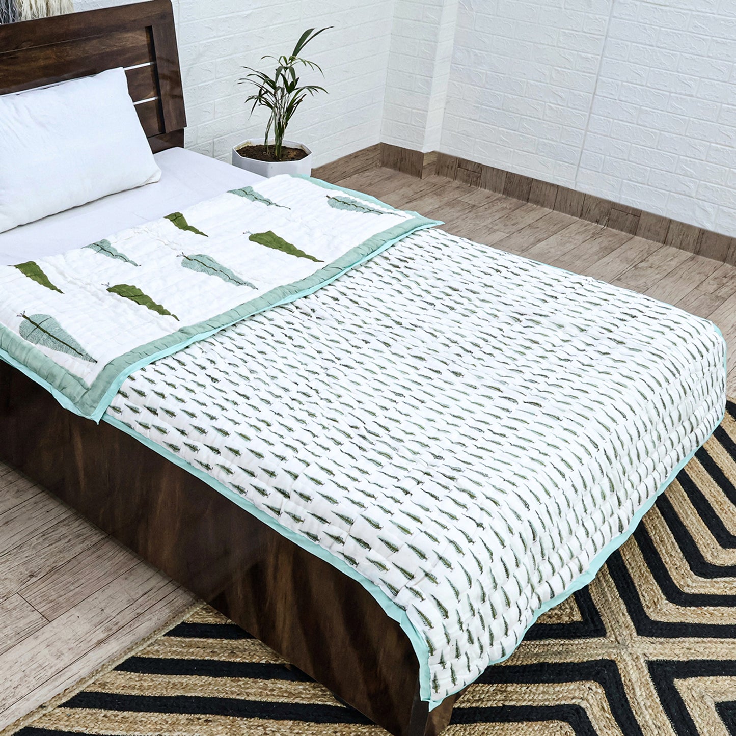 Green and White Hand Block Printed Cotton Quilts - My Store