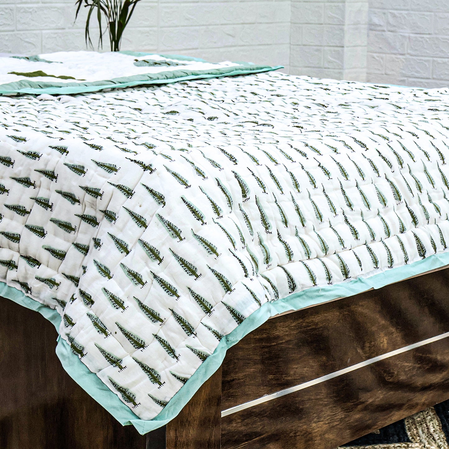 Green and White Hand Block Printed Cotton Quilts - My Store