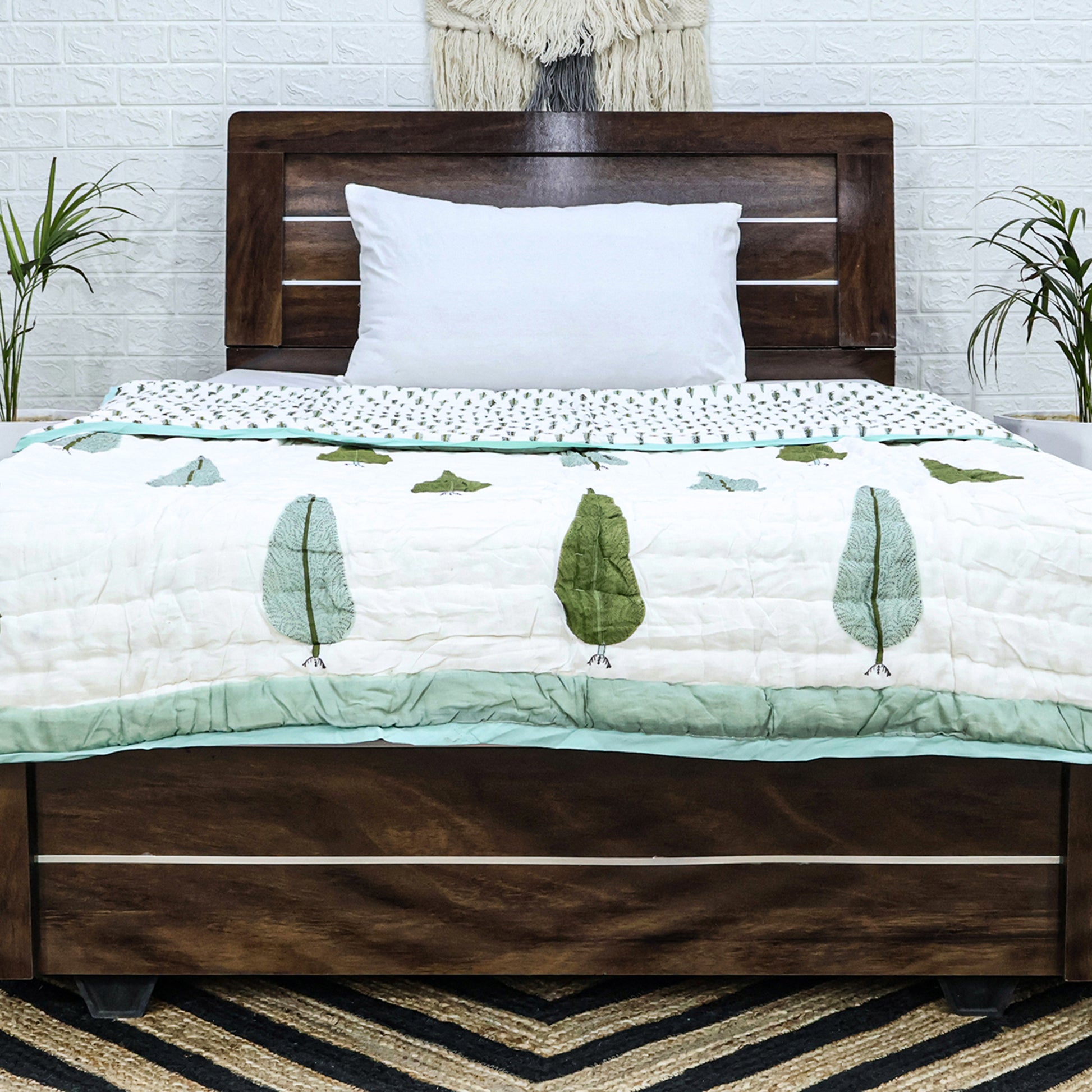 Green and White Hand Block Printed Cotton Quilts - My Store