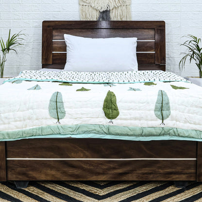 Green and White Hand Block Printed Cotton Quilts - My Store