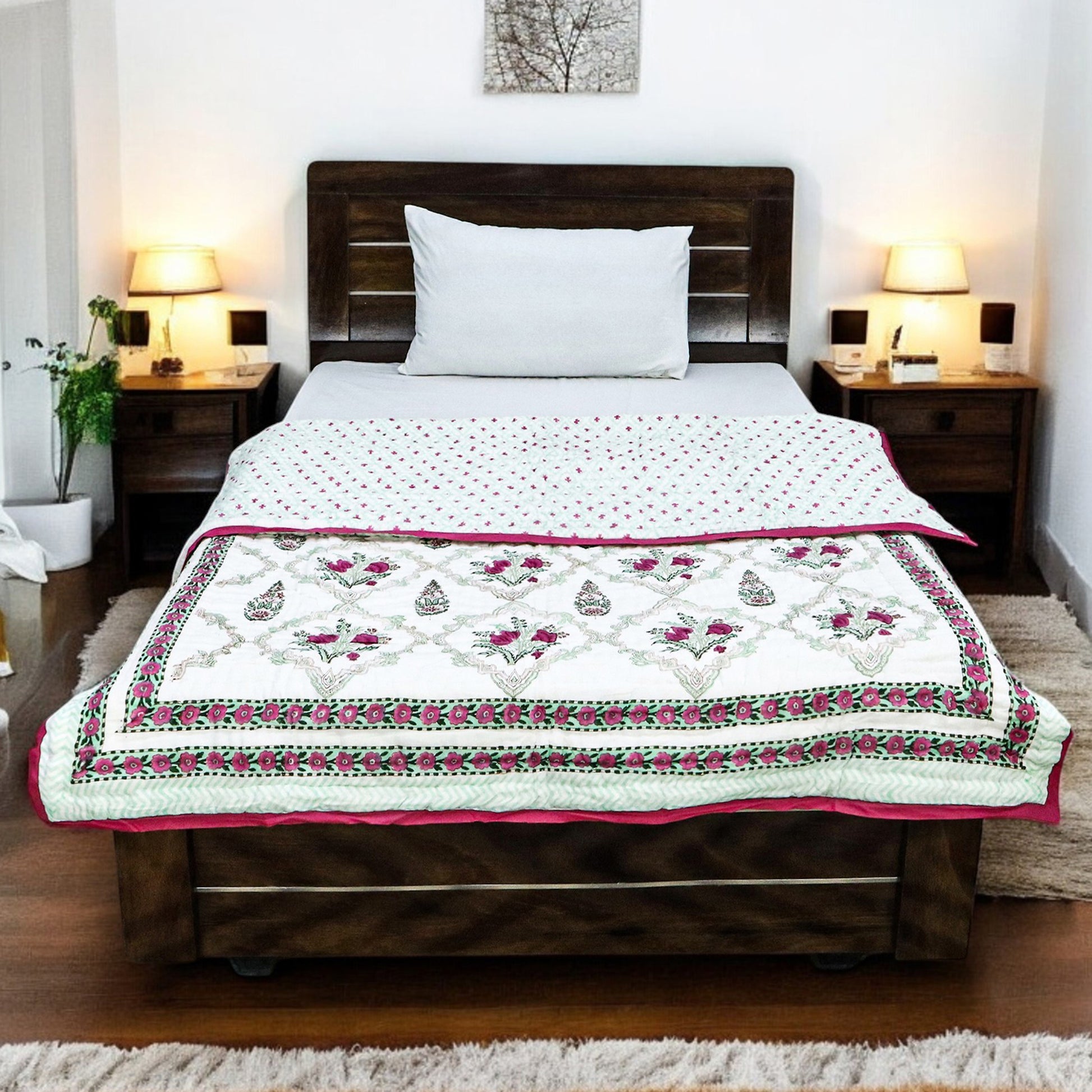 White And Red Hand Block Printed Cotton Quilts - My Store