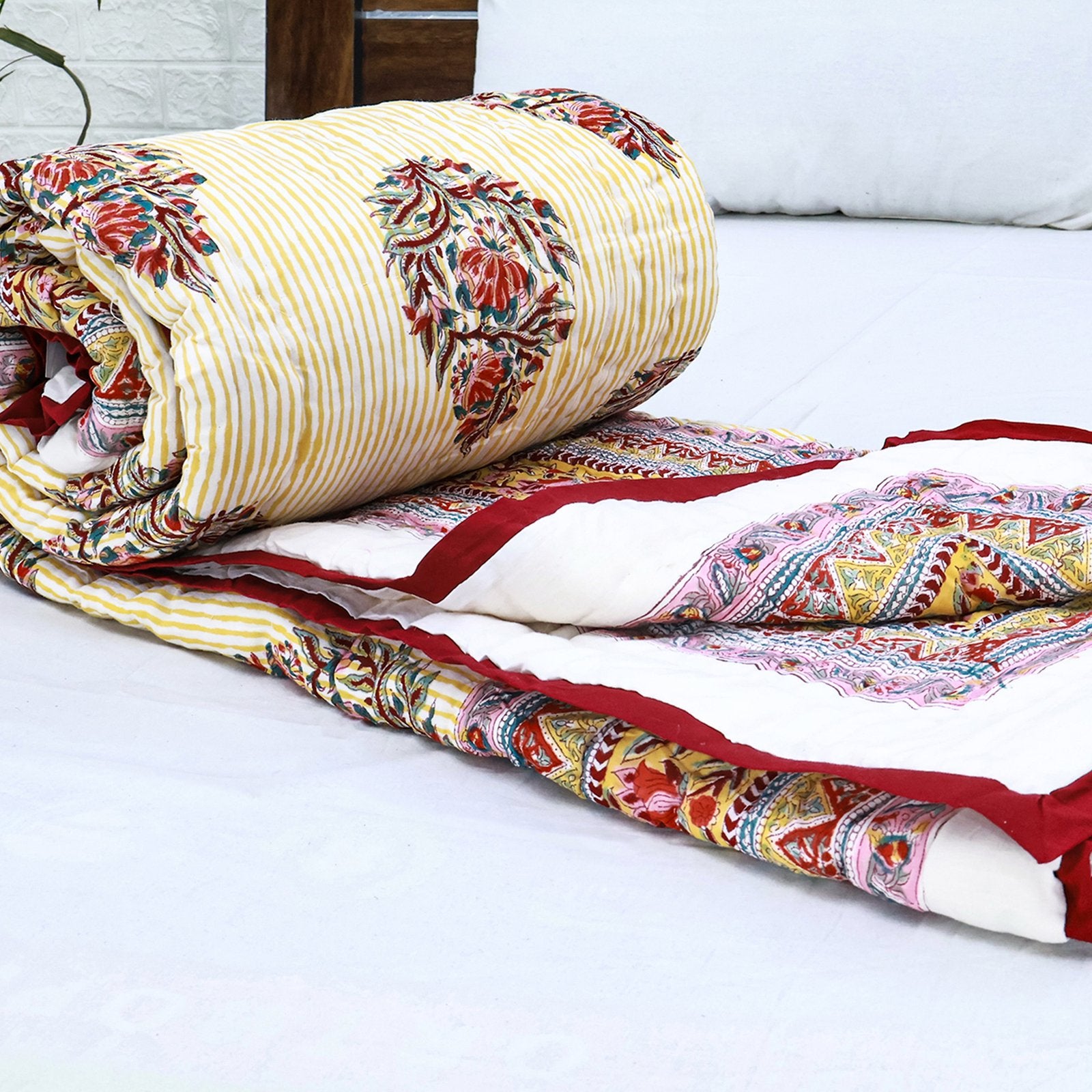 Red And White Hand Block Printed Cotton Quilts - My Store