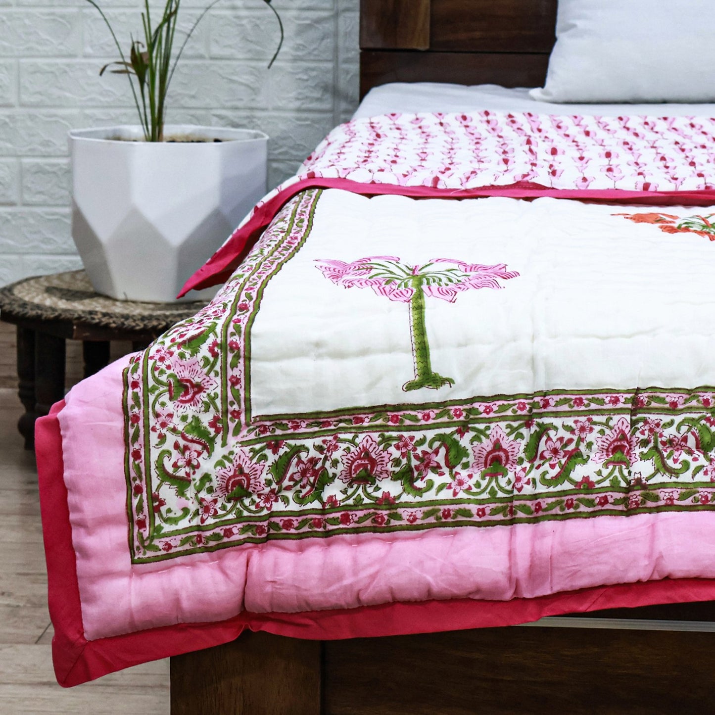 Pink With White Hand Block Printed Cotton Quilts-41 - My Store