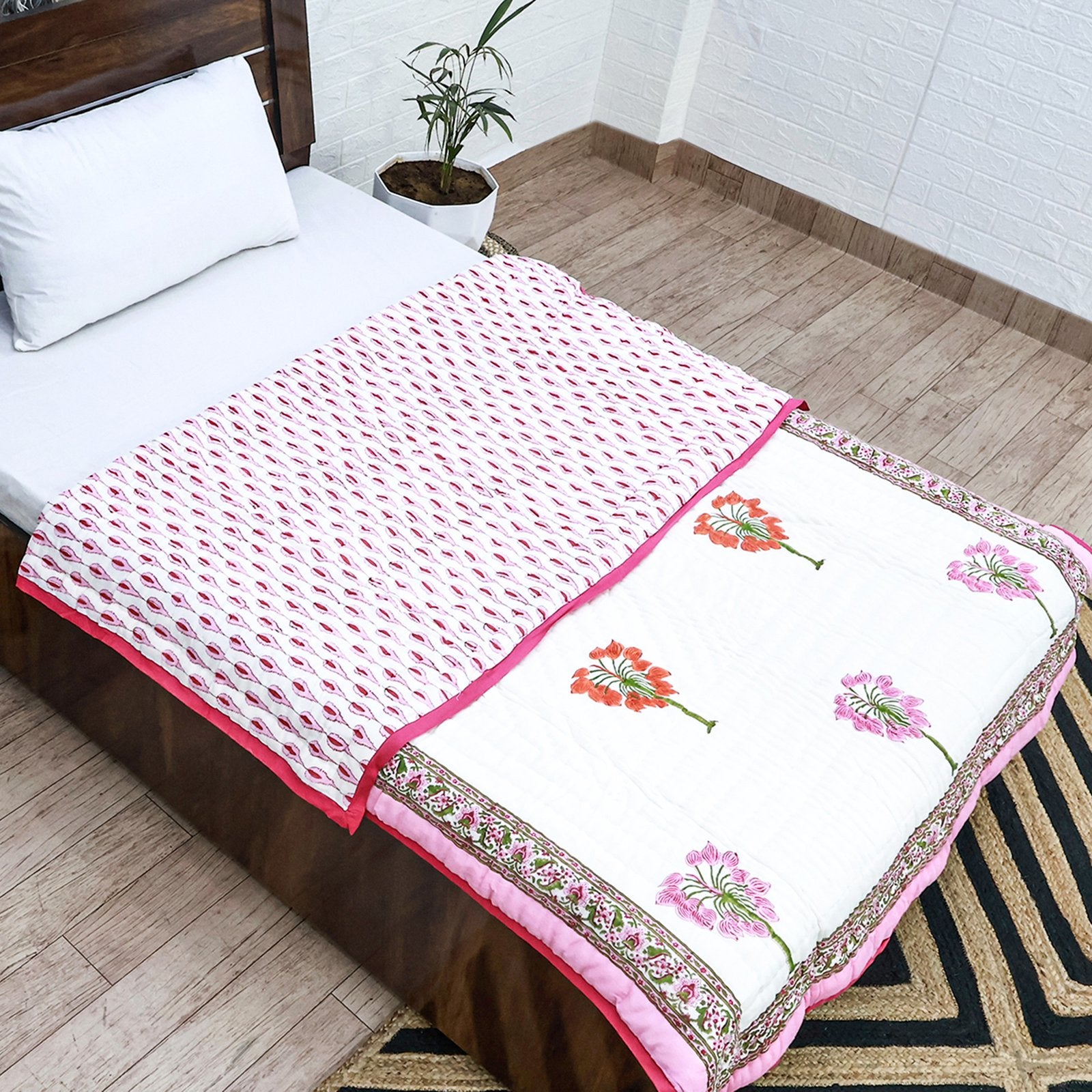 Pink With White Hand Block Printed Cotton Quilts-41 - My Store