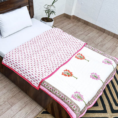 Pink With White Hand Block Printed Cotton Quilts-41 - My Store