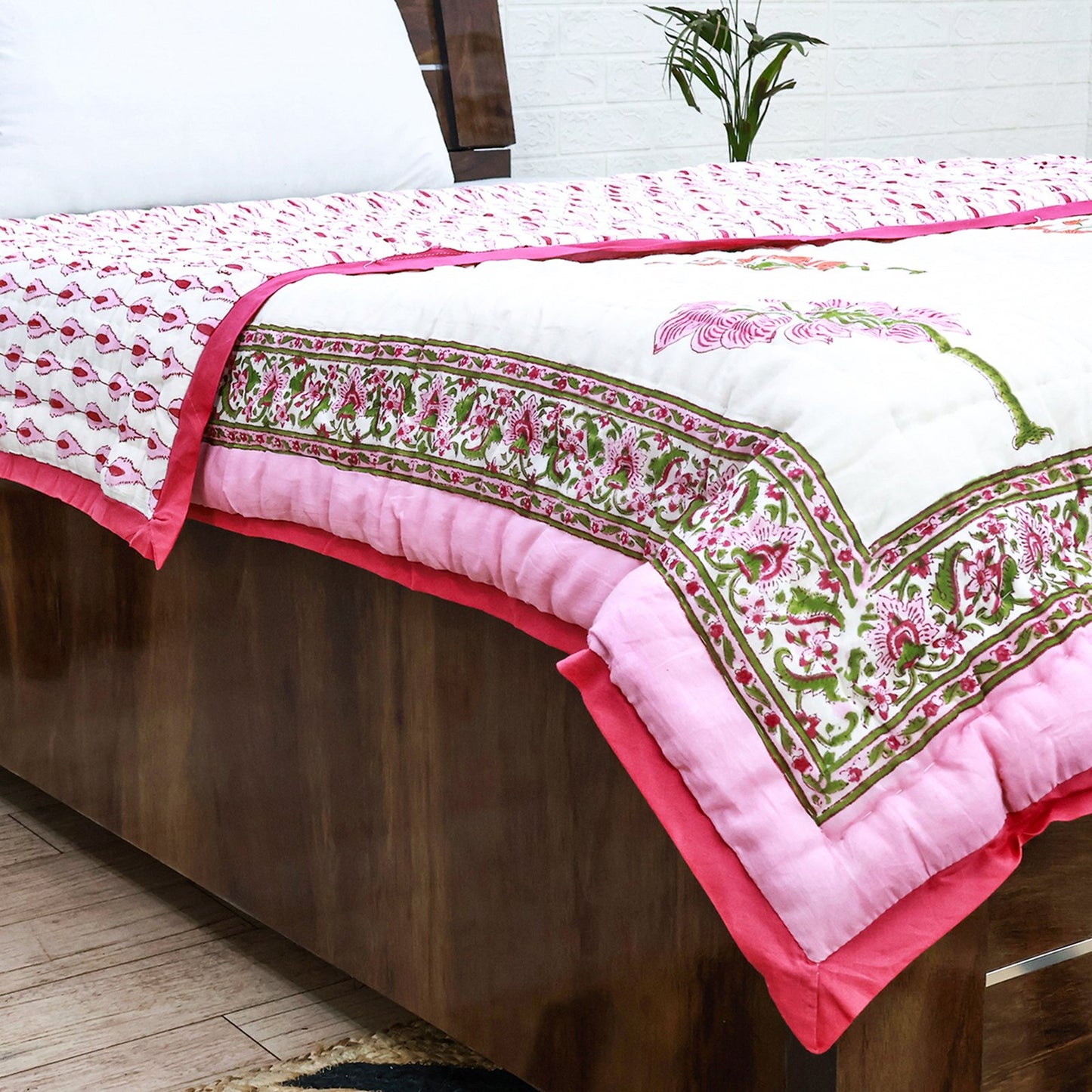 Pink With White Hand Block Printed Cotton Quilts-41 - My Store