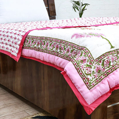 Pink With White Hand Block Printed Cotton Quilts-41 - My Store