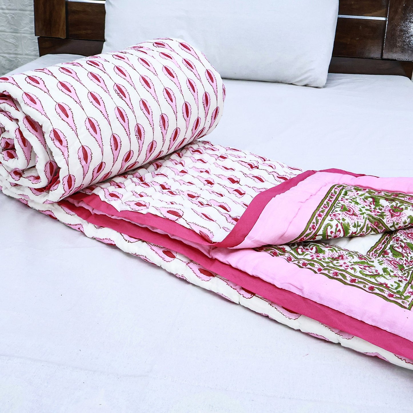 Pink With White Hand Block Printed Cotton Quilts-41 - My Store