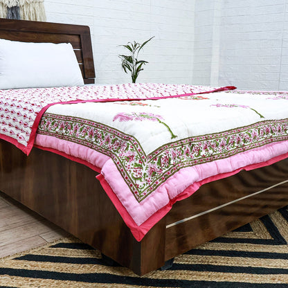 Pink With White Hand Block Printed Cotton Quilts-41 - My Store