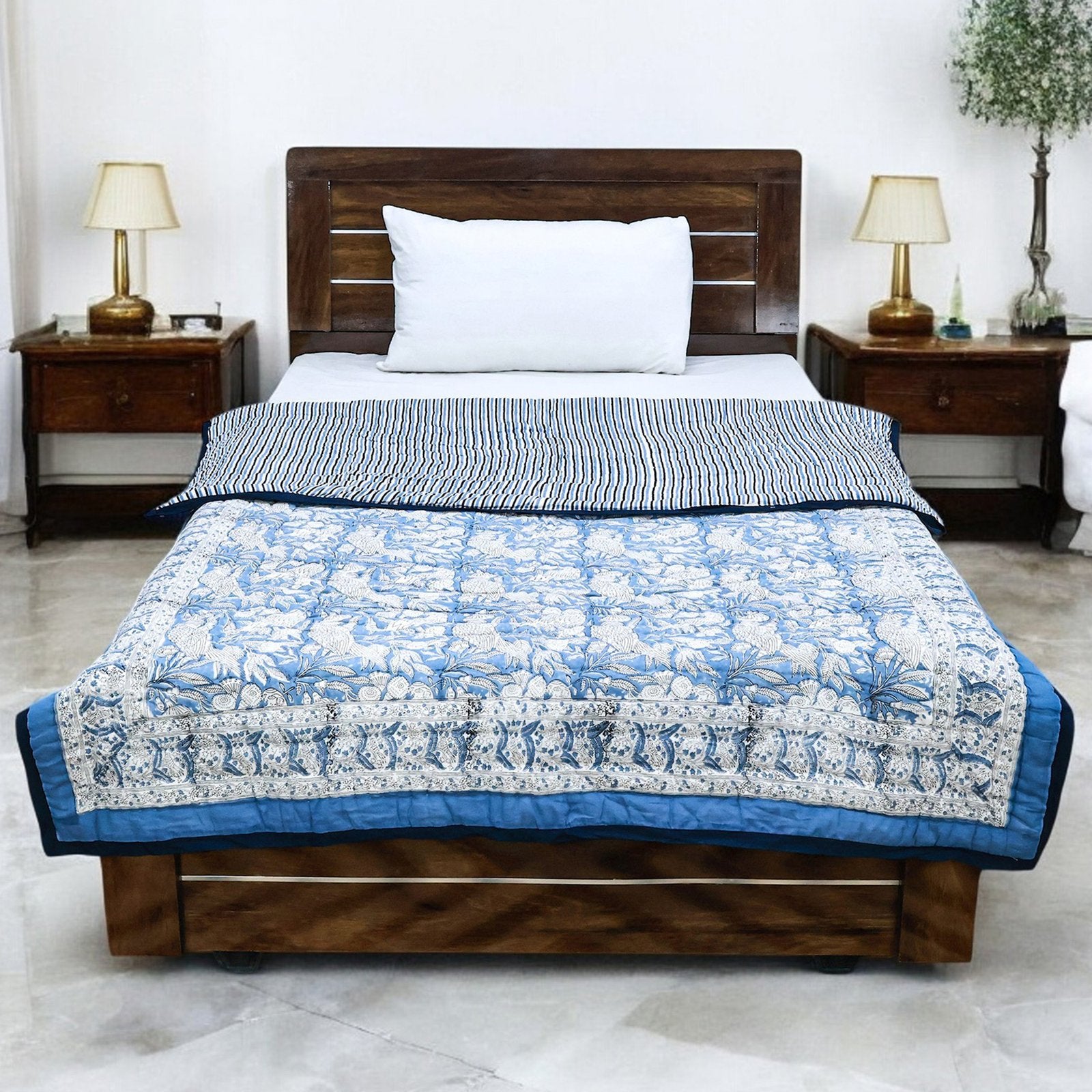 Blue With White Hand Block Printed Cotton Quilts-42 - My Store