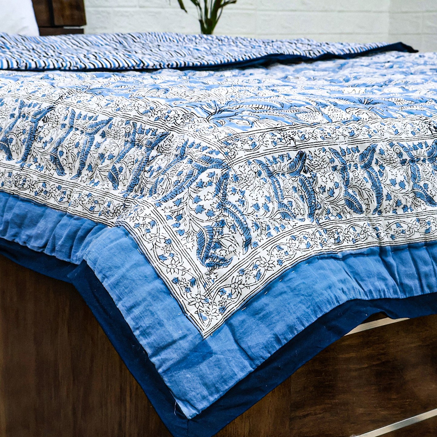 Blue With White Hand Block Printed Cotton Quilts-42 - My Store