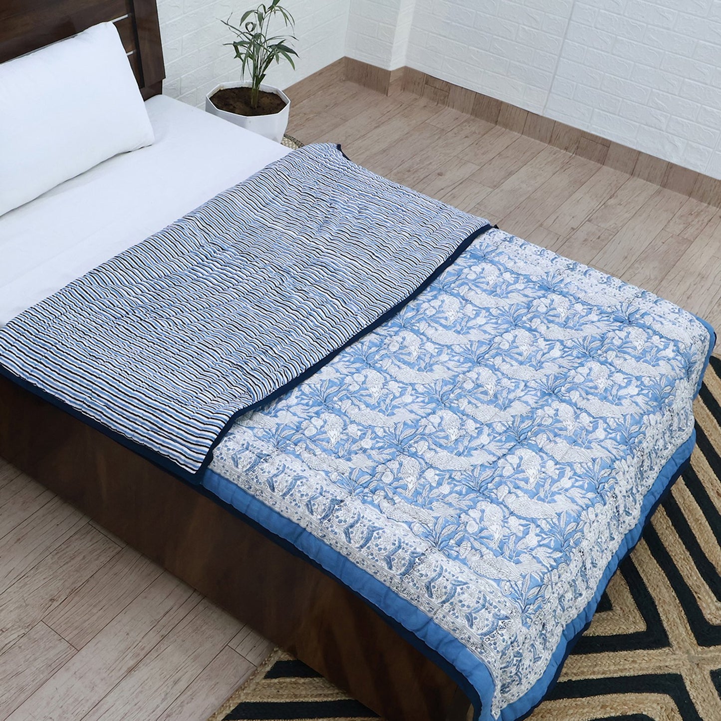 Blue With White Hand Block Printed Cotton Quilts-42 - My Store