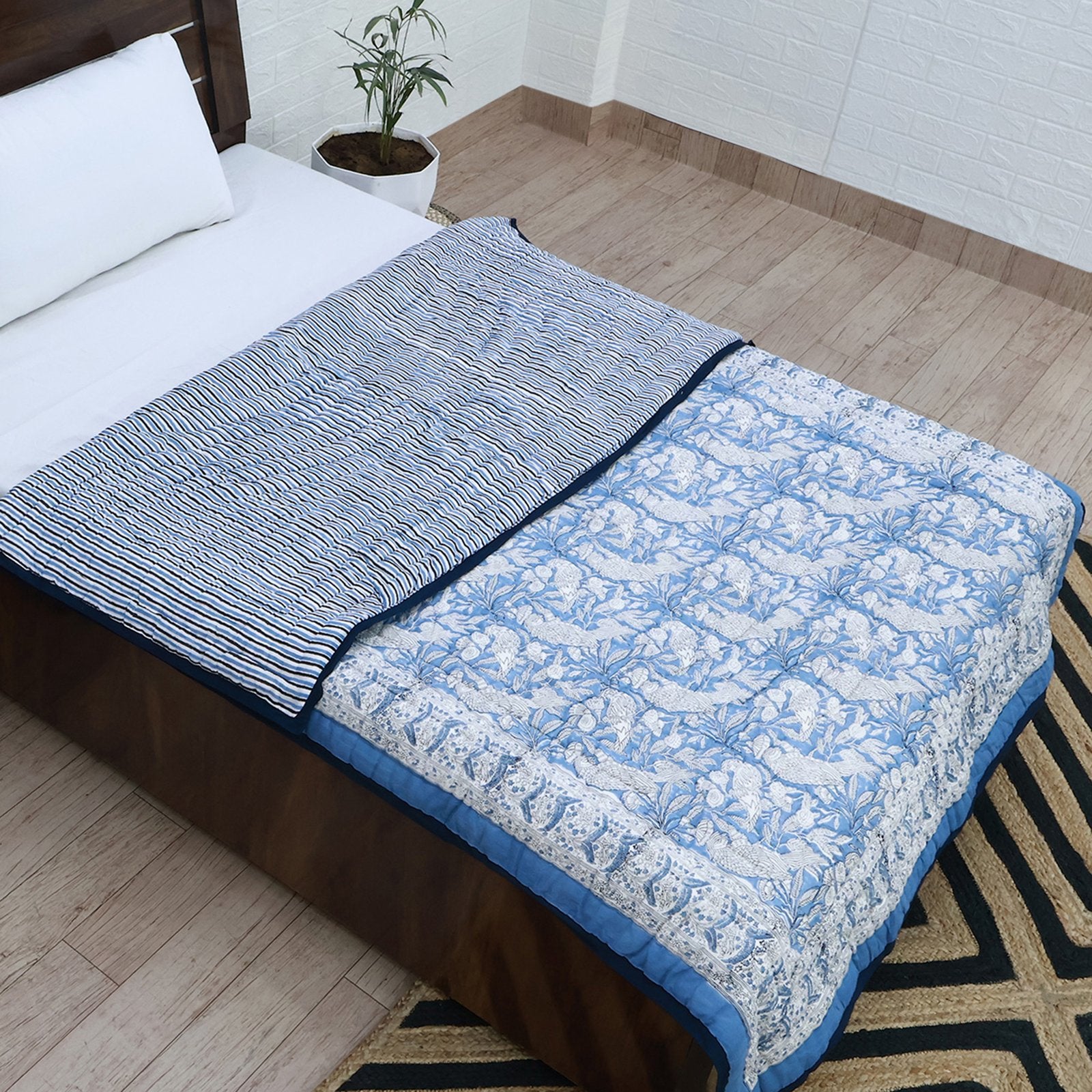 Blue With White Hand Block Printed Cotton Quilts-42 - My Store