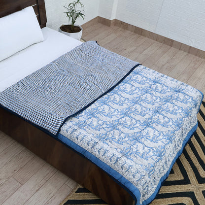 Blue With White Hand Block Printed Cotton Quilts-42 - My Store