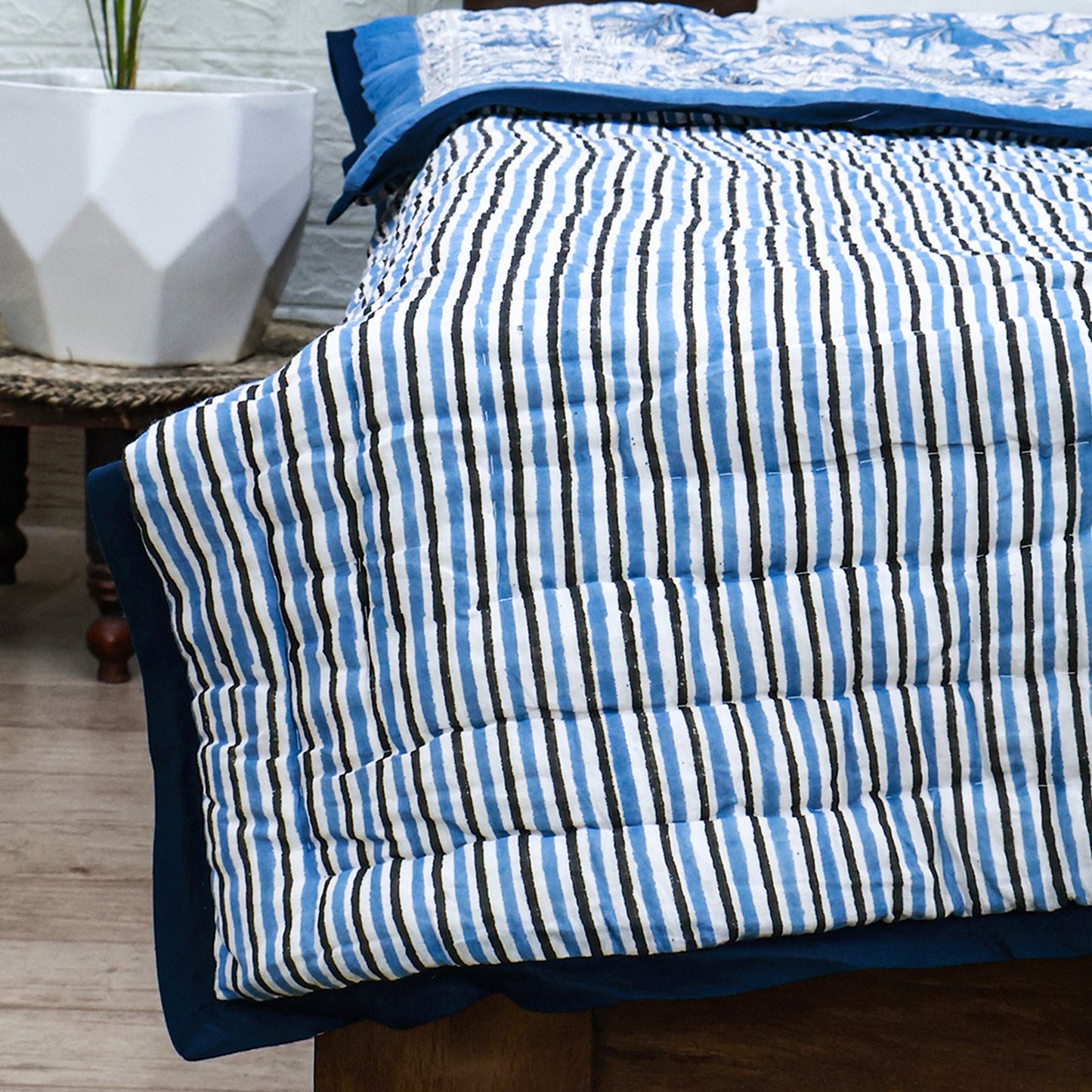 Blue With White Hand Block Printed Cotton Quilts-42 - My Store