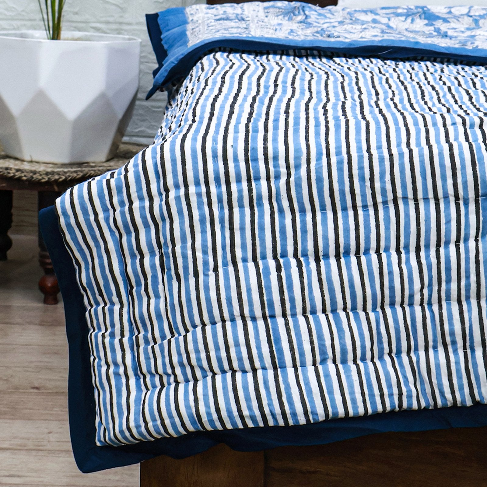 Blue With White Hand Block Printed Cotton Quilts-42 - My Store