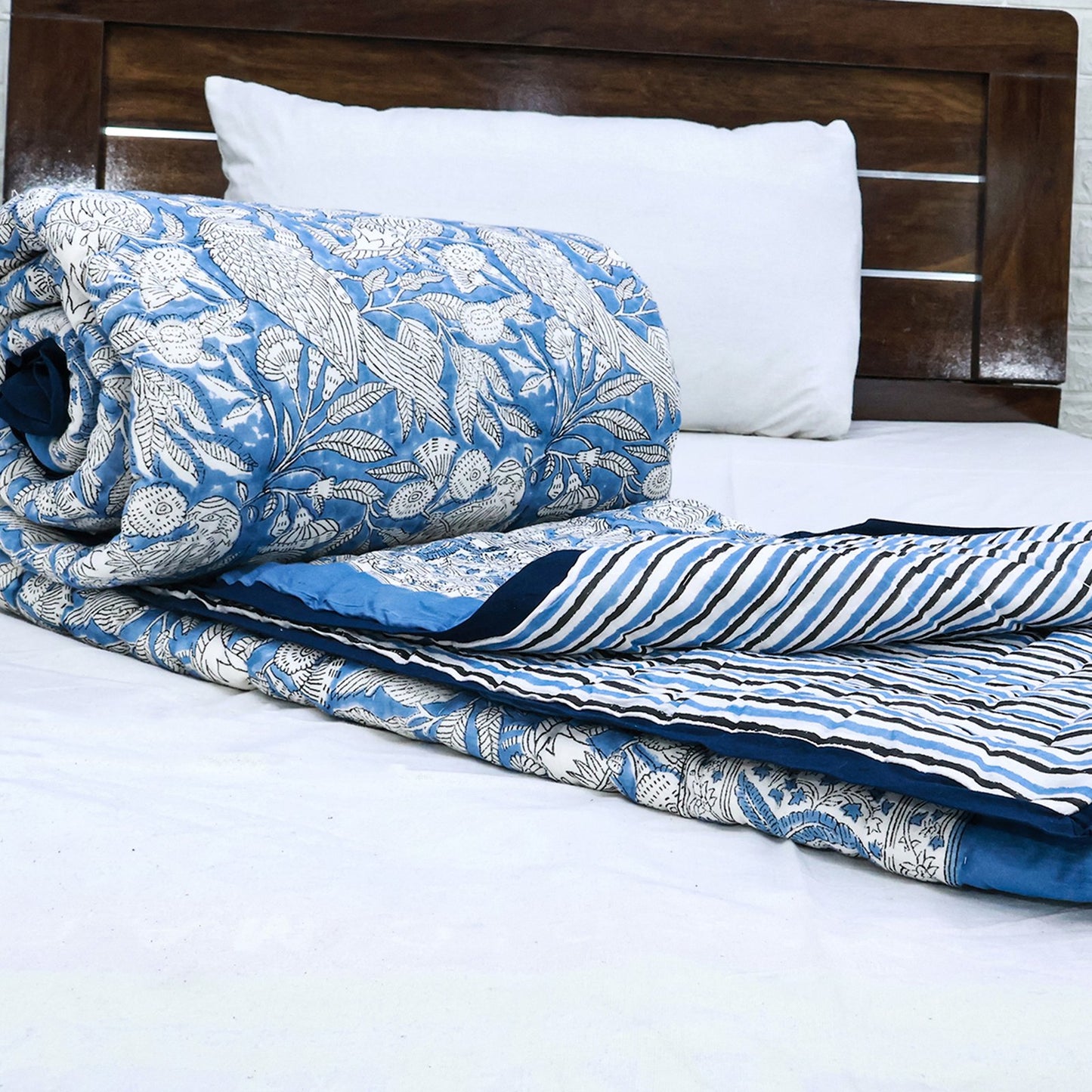 Blue With White Hand Block Printed Cotton Quilts-42 - My Store