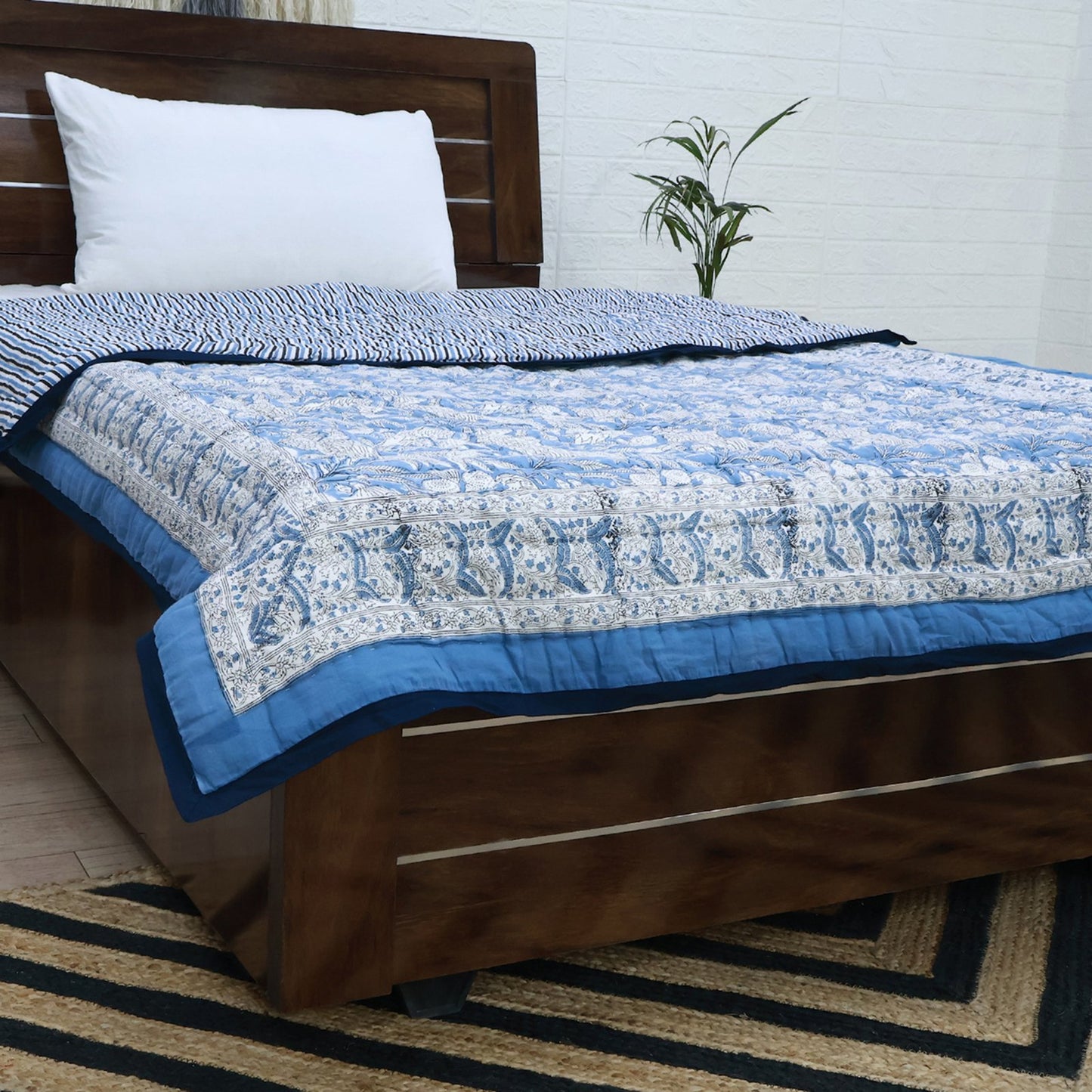 Blue With White Hand Block Printed Cotton Quilts-42 - My Store