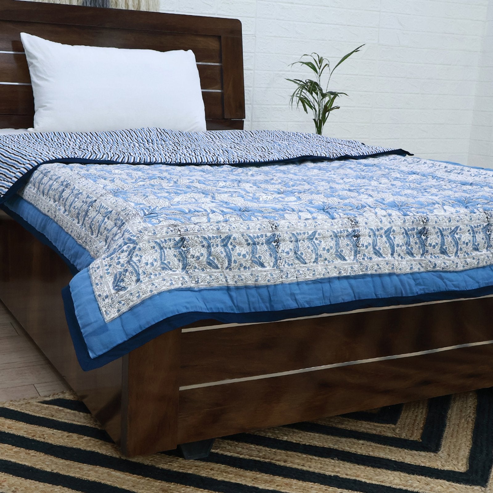 Blue With White Hand Block Printed Cotton Quilts-42 - My Store