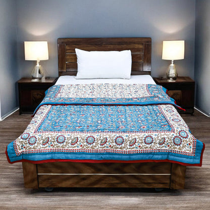 Blue With Red Hand Block Printed Cotton Reversible Quilts-43 - My Store